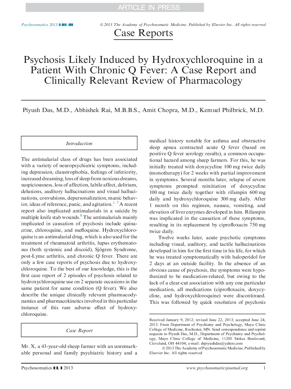 Psychosis Likely Induced by Hydroxychloroquine in a Patient With Chronic Q Fever: A Case Report and Clinically Relevant Review of Pharmacology