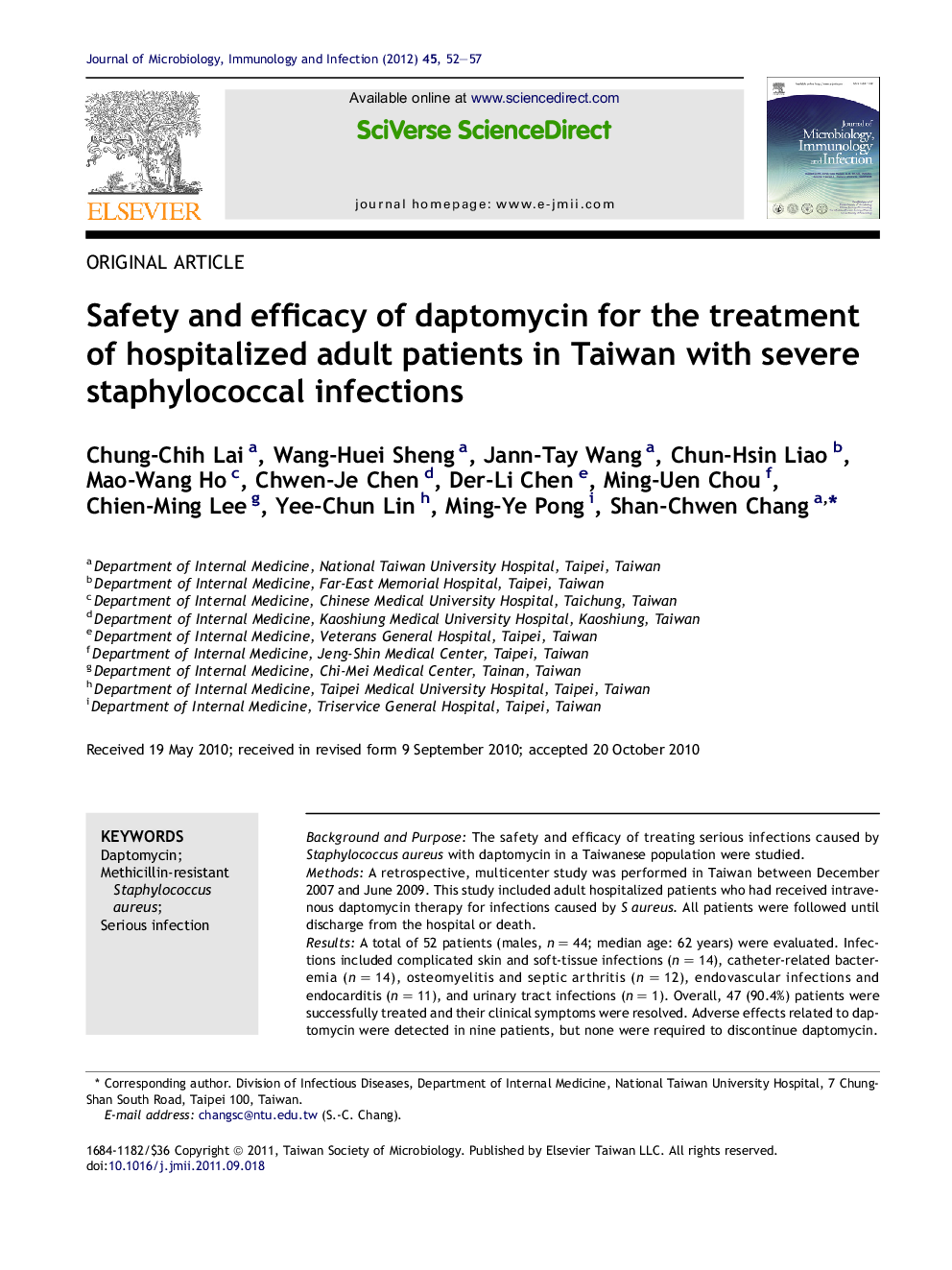 Safety and efficacy of daptomycin for the treatment of hospitalized adult patients in Taiwan with severe staphylococcal infections