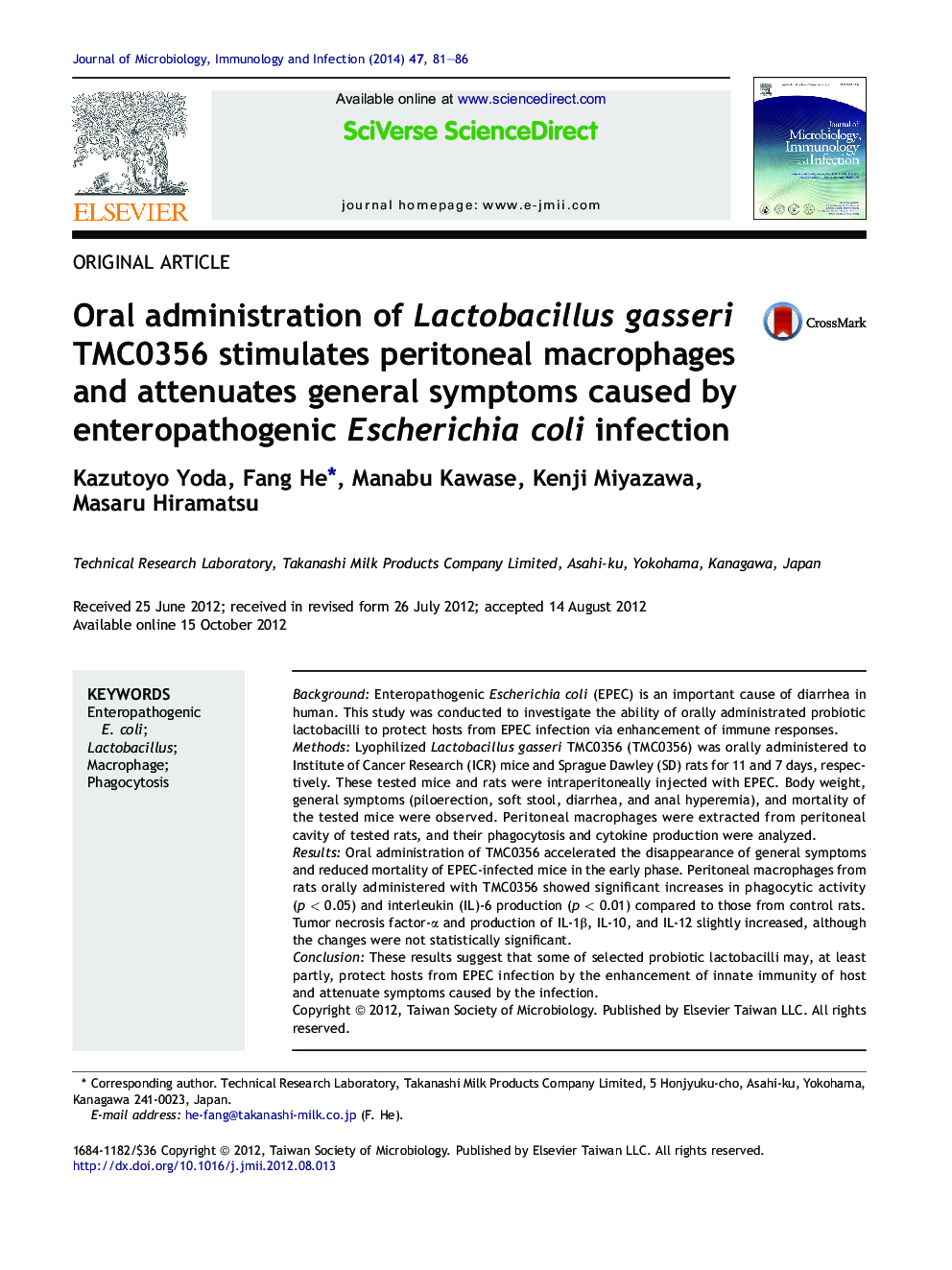 Oral administration of Lactobacillus gasseri TMC0356 stimulates peritoneal macrophages and attenuates general symptoms caused by enteropathogenic Escherichia coli infection