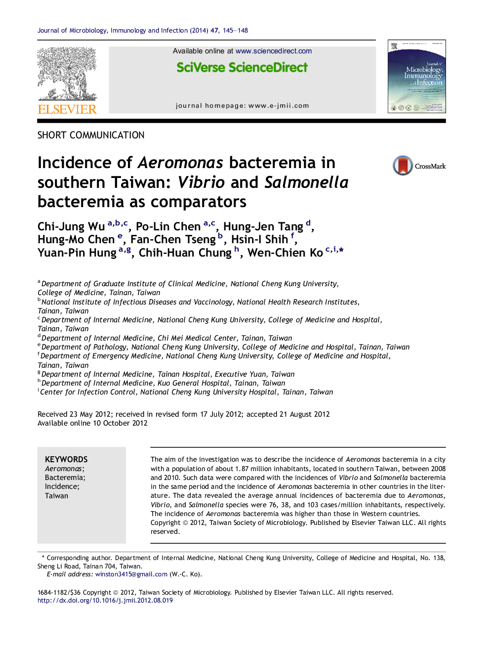 Incidence of Aeromonas bacteremia in southern Taiwan: Vibrio and Salmonella bacteremia as comparators