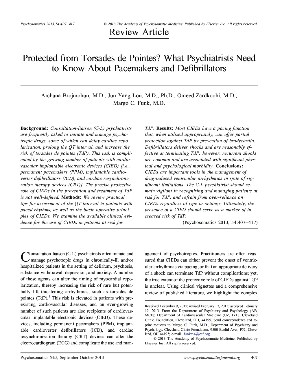 Protected from Torsades de Pointes? What Psychiatrists Need to Know About Pacemakers and Defibrillators