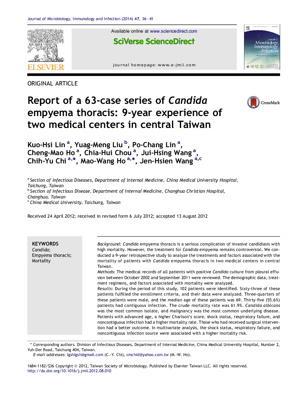 Report of a 63-case series of Candida empyema thoracis: 9-year experience of two medical centers in central Taiwan