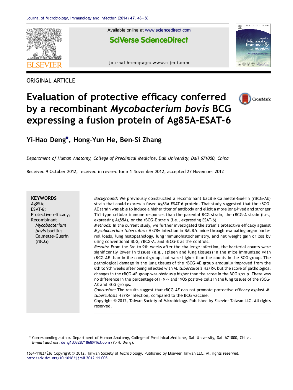 Evaluation of protective efficacy conferred by a recombinant Mycobacterium bovis BCG expressing a fusion protein of Ag85A-ESAT-6