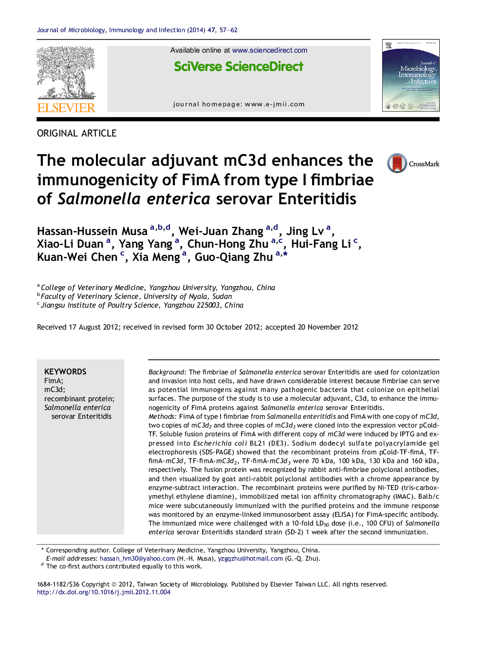 The molecular adjuvant mC3d enhances the immunogenicity of FimA from type I fimbriae of Salmonella enterica serovar Enteritidis