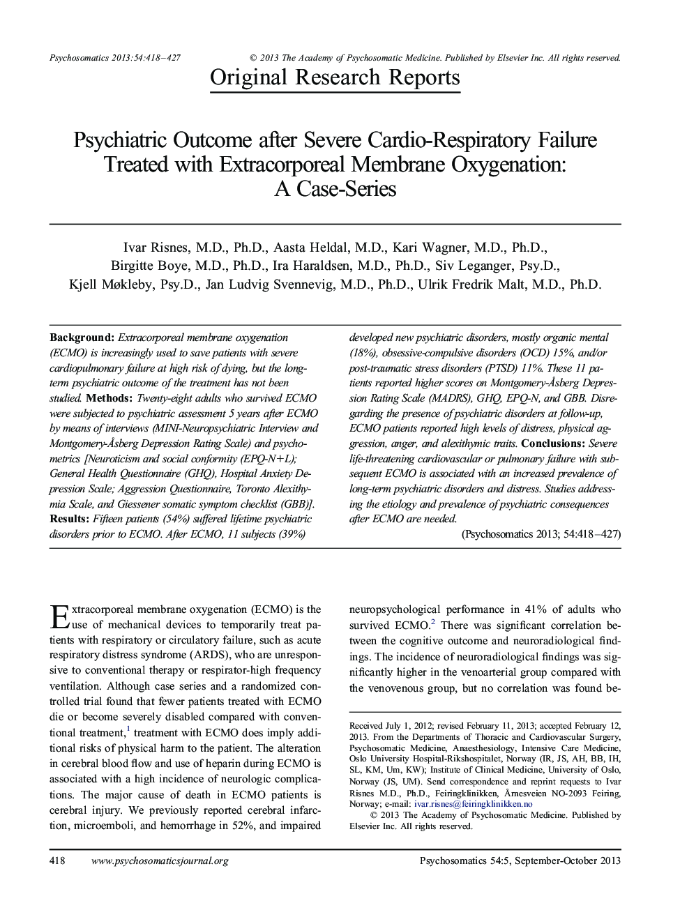 Psychiatric Outcome after Severe Cardio-Respiratory Failure Treated with Extracorporeal Membrane Oxygenation: A Case-Series