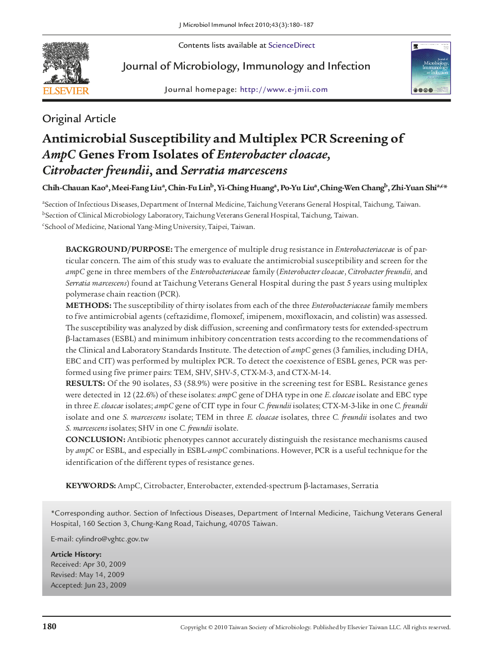 عکس صفحه اول مقاله: Antimicrobial Susceptibility and Multiplex PCR Screening of AmpC Genes From Isolates of Enterobacter cloacae, Citrobacter freundii, and Serratia marcescens Antimicrobial Susceptibility and Multiplex PCR Screening of AmpC Genes From Isolates of Enterobacter cloacae, Citrobacter freundii, and Serratia marcescens