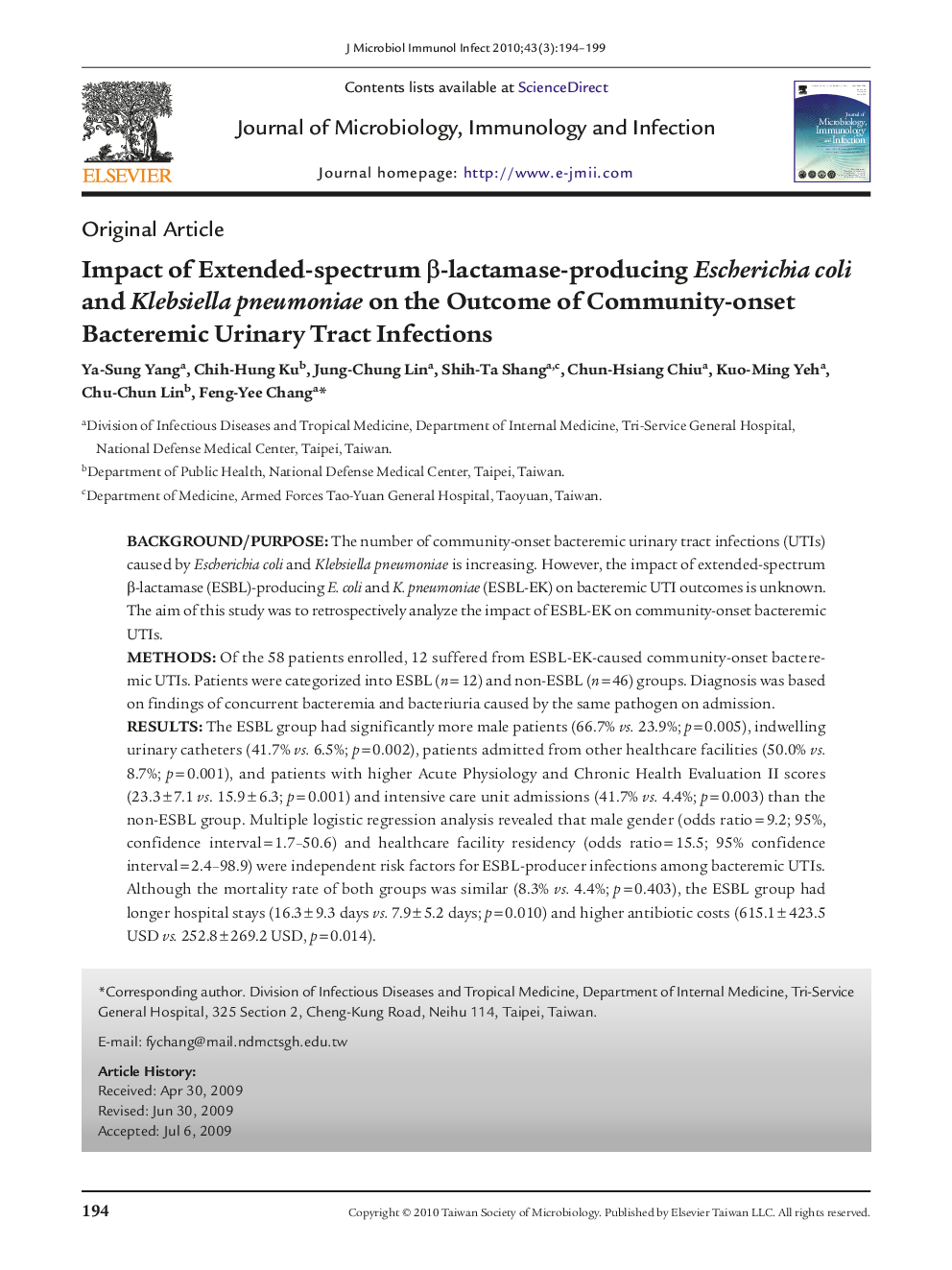Impact of Extended-spectrum β-lactamase-producing Escherichia coli and Klebsiella pneumoniae on the Outcome of Community-onset Bacteremic Urinary Tract Infections