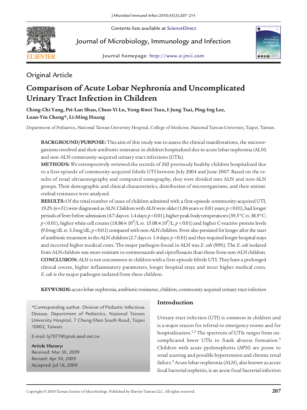 عکس صفحه اول مقاله: Comparison of Acute Lobar Nephronia and Uncomplicated Urinary Tract Infection in Children Comparison of Acute Lobar Nephronia and Uncomplicated Urinary Tract Infection in Children