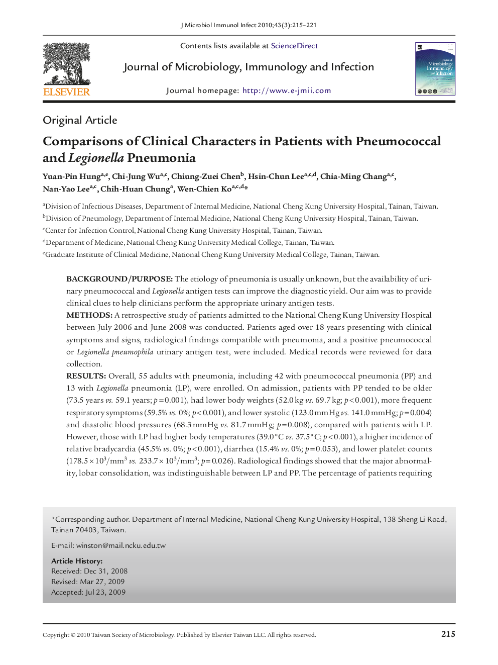 عکس صفحه اول مقاله: Comparisons of Clinical Characters in Patients with Pneumococcal and Legionella Pneumonia Comparisons of Clinical Characters in Patients with Pneumococcal and Legionella Pneumonia