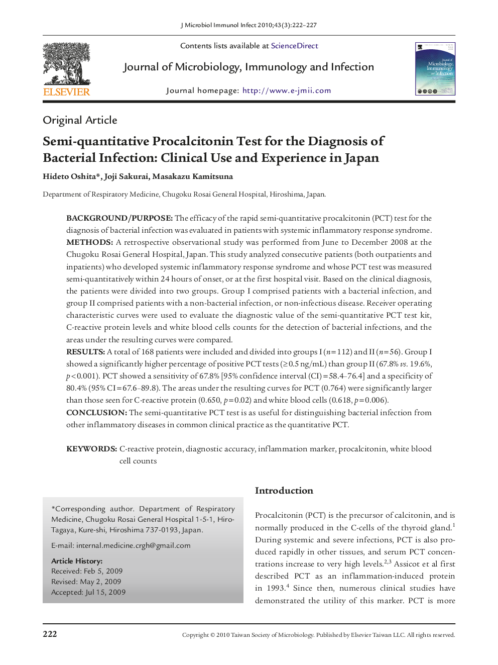 Semi-quantitative Procalcitonin Test for the Diagnosis of Bacterial Infection: Clinical Use and Experience in Japan