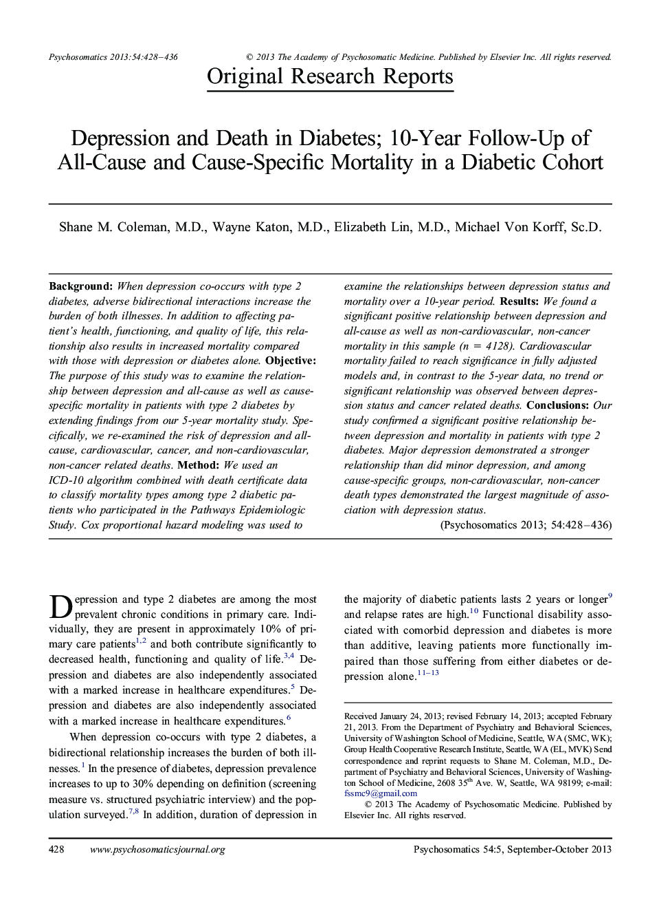 Depression and Death in Diabetes; 10-Year Follow-Up of All-Cause and Cause-Specific Mortality in a Diabetic Cohort