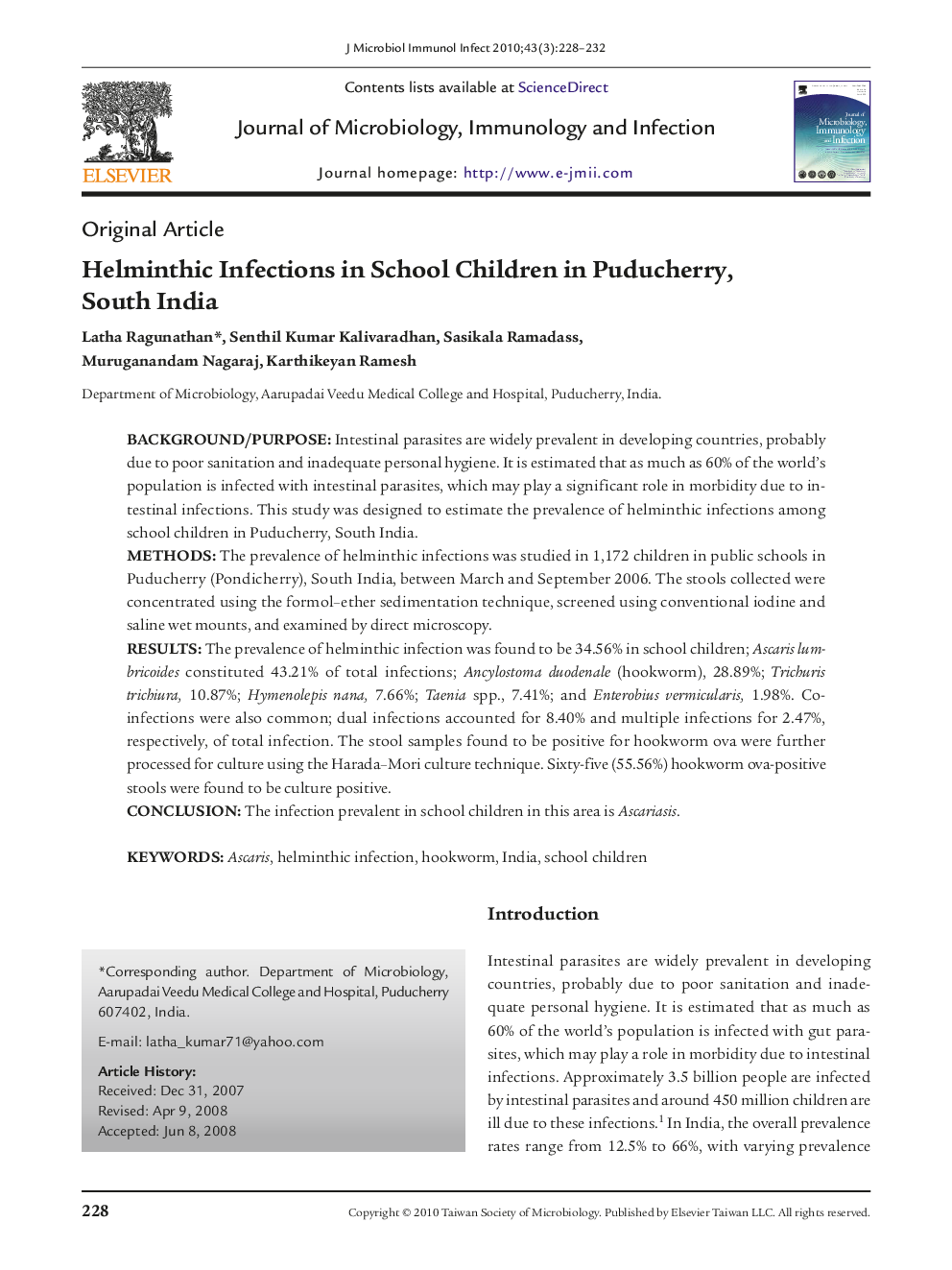 عکس صفحه اول مقاله: Helminthic Infections in School Children in Puducherry, South India Helminthic Infections in School Children in Puducherry, South India