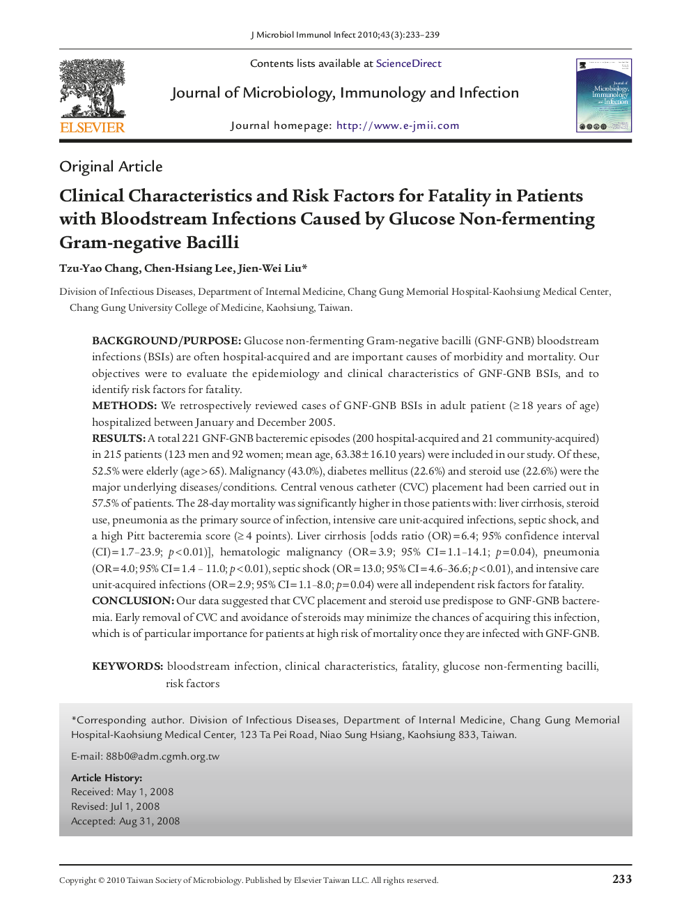 عکس صفحه اول مقاله: Clinical Characteristics and Risk Factors for Fatality in Patients with Bloodstream Infections Caused by Glucose Non-fermenting Gram-negative Bacilli Clinical Characteristics and Risk Factors for Fatality in Patients with Bloodstream Infections Caused by Glucose Non-fermenting Gram-negative Bacilli