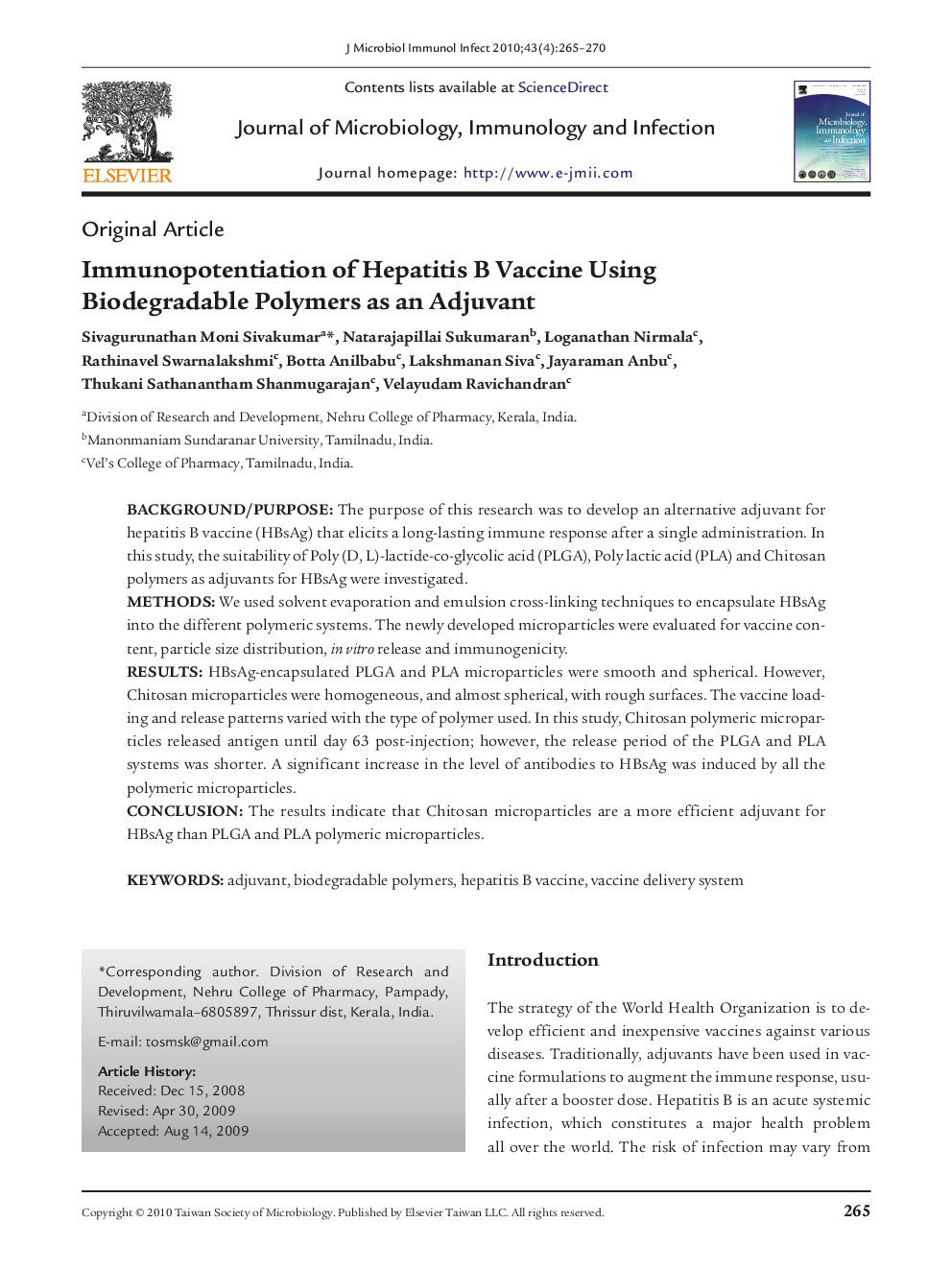Immunopotentiation of Hepatitis B Vaccine Using Biodegradable Polymers as an Adjuvant
