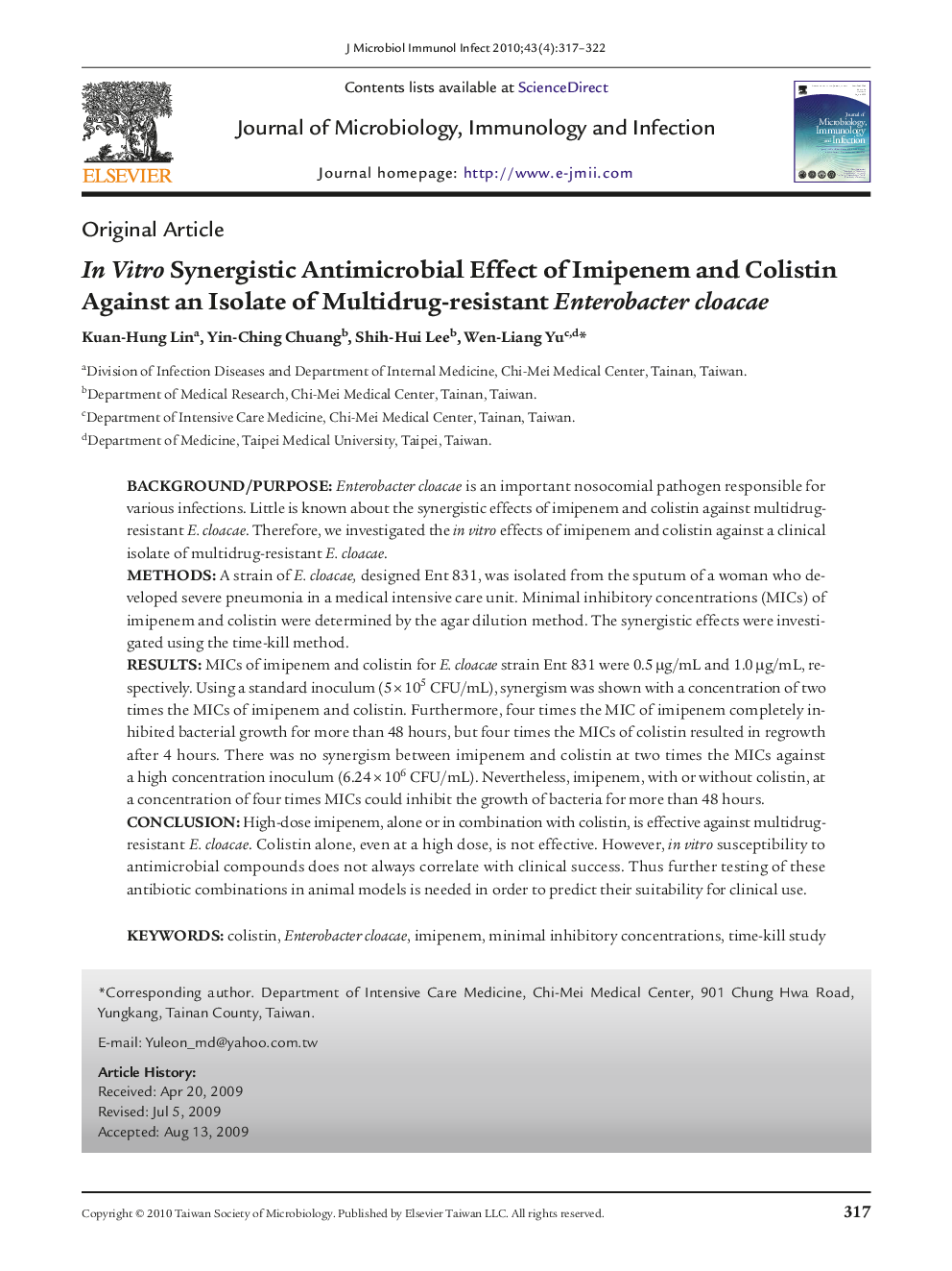 In Vitro Synergistic Antimicrobial Effect of Imipenem and Colistin Against an Isolate of Multidrug-resistant Enterobacter cloacae
