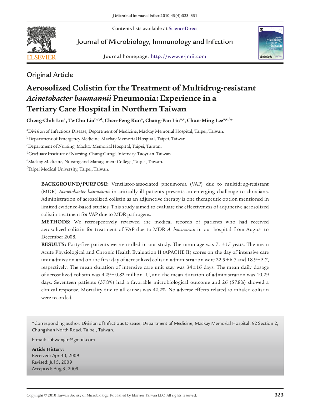 Aerosolized Colistin for the Treatment of Multidrug-resistant Acinetobacter baumannii Pneumonia: Experience in a Tertiary Care Hospital in Northern Taiwan