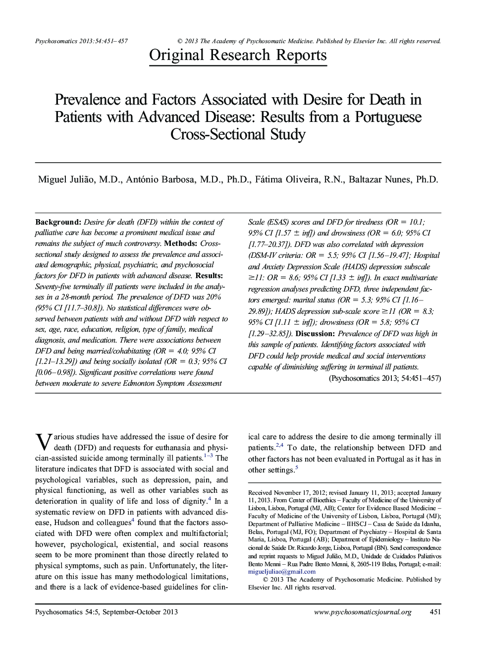 Prevalence and Factors Associated with Desire for Death in Patients with Advanced Disease: Results from a Portuguese Cross-Sectional Study