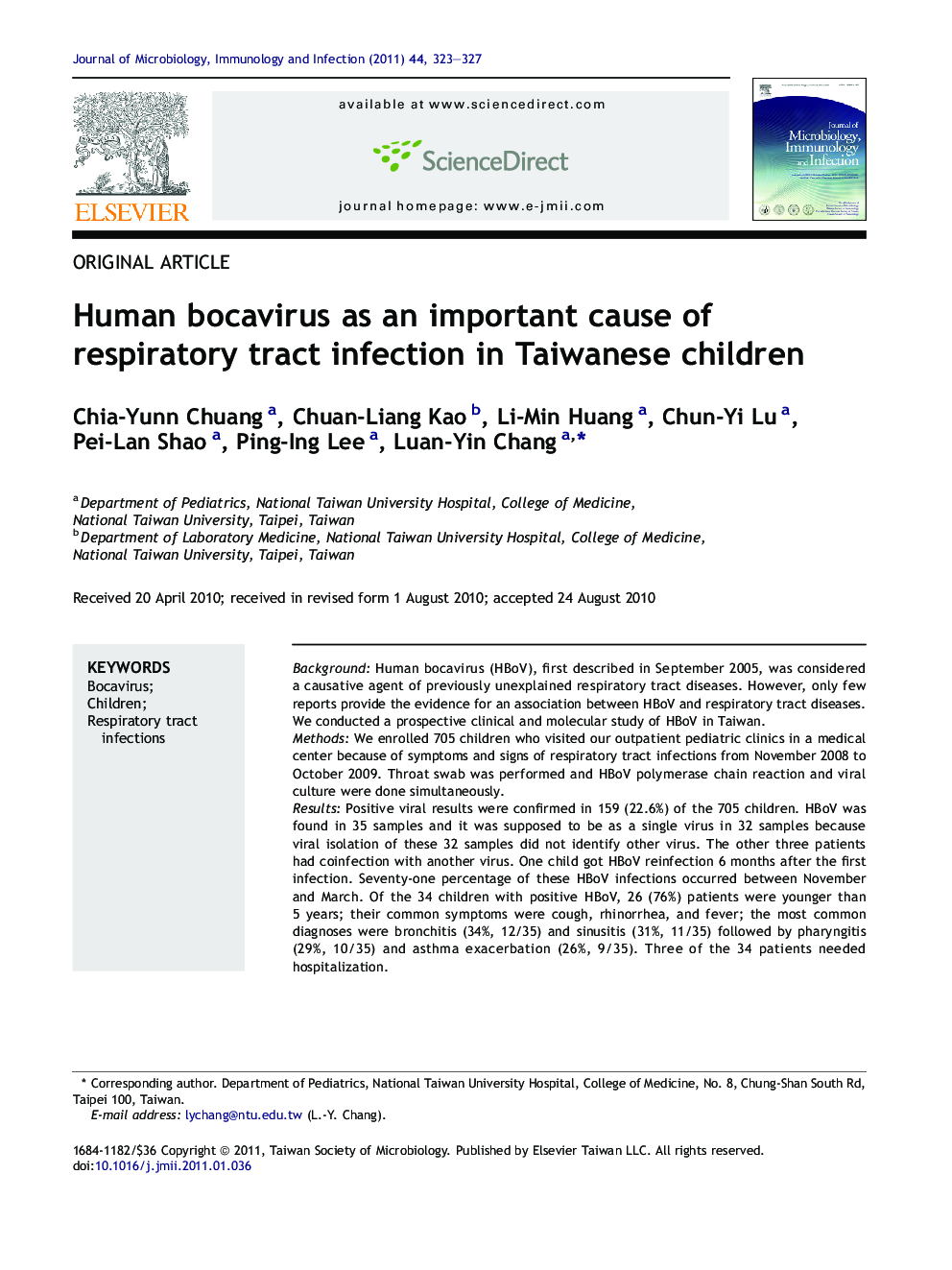 Human bocavirus as an important cause of respiratory tract infection in Taiwanese children