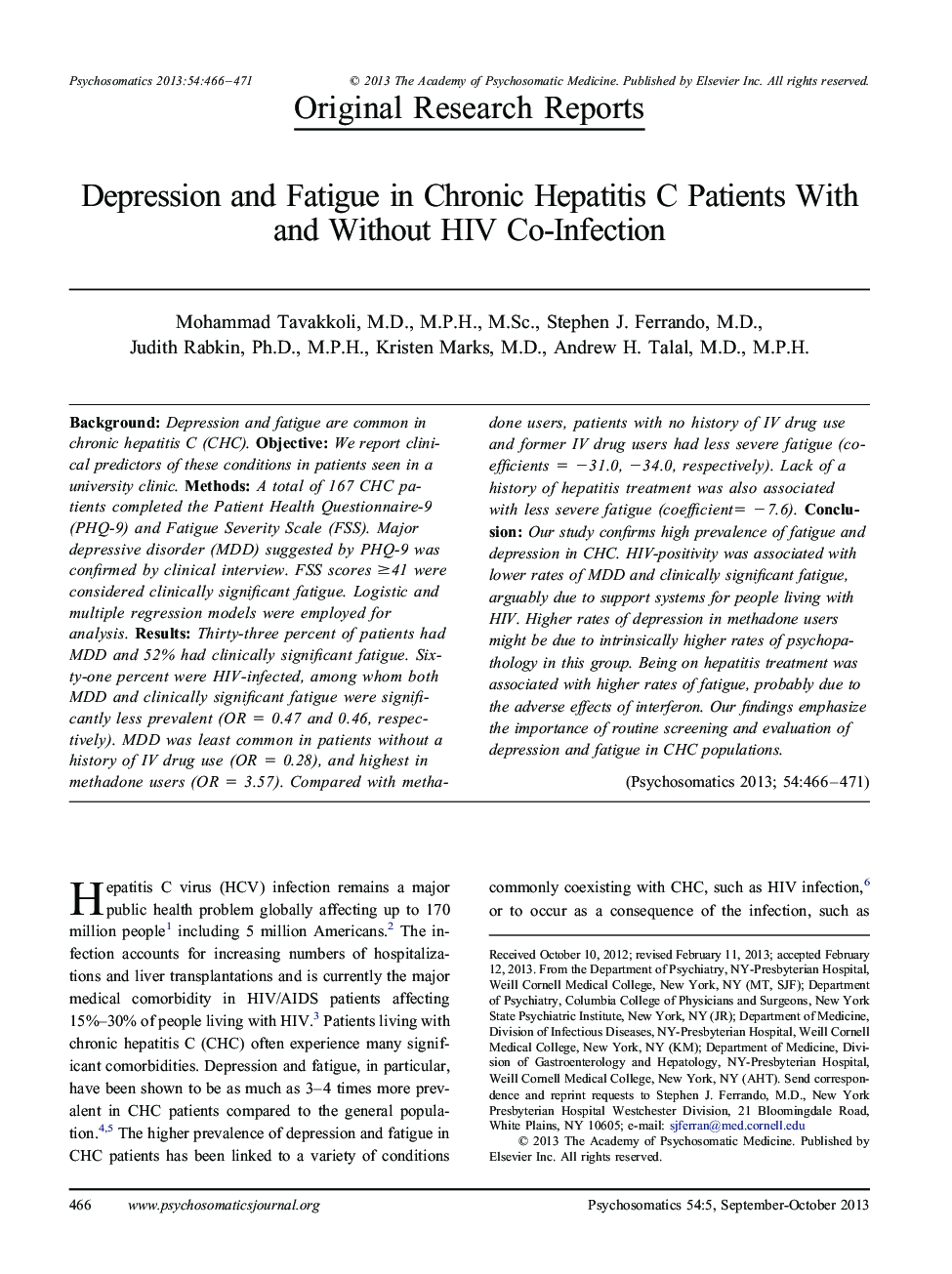 Depression and Fatigue in Chronic Hepatitis C Patients With and Without HIV Co-Infection