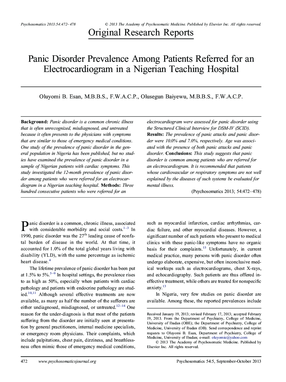Panic Disorder Prevalence Among Patients Referred for an Electrocardiogram in a Nigerian Teaching Hospital