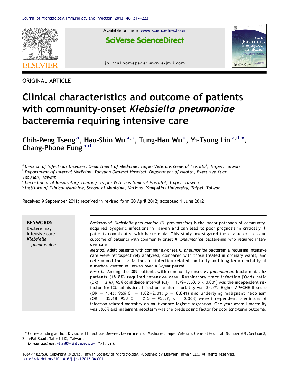 Clinical characteristics and outcome of patients with community-onset Klebsiella pneumoniae bacteremia requiring intensive care