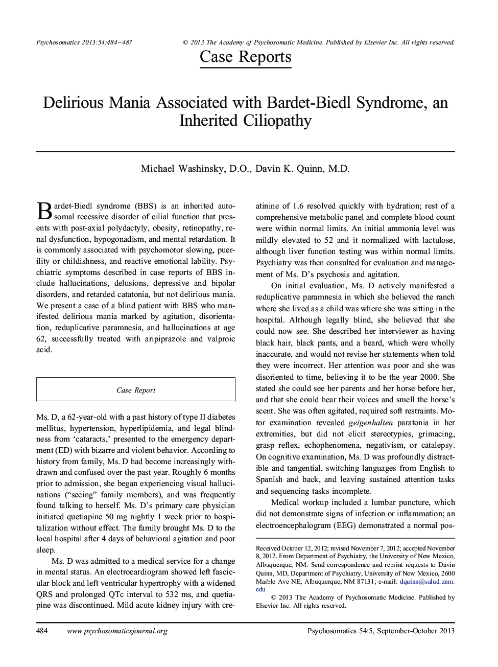 Delirious Mania Associated with Bardet-Biedl Syndrome, an Inherited Ciliopathy