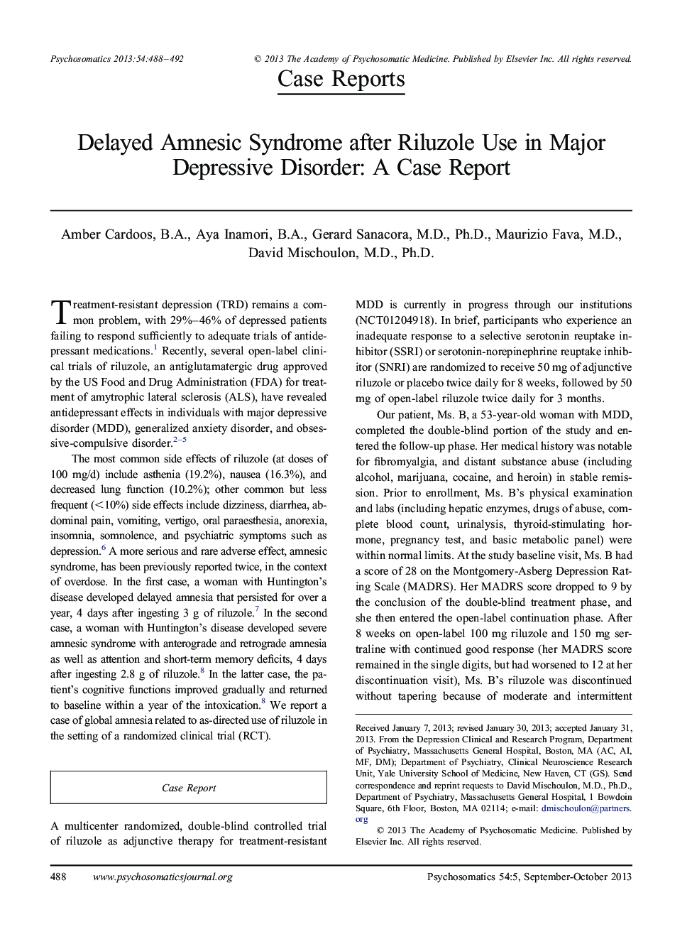 Delayed Amnesic Syndrome after Riluzole Use in Major Depressive Disorder: A Case Report