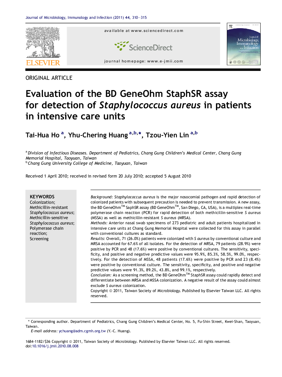 Evaluation of the BD GeneOhm StaphSR assay for detection of Staphylococcus aureus in patients in intensive care units