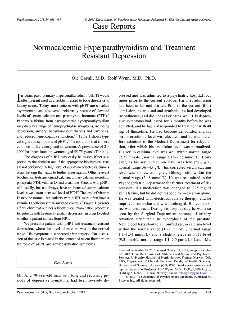 Normocalcemic Hyperparathyroidism and Treatment Resistant Depression