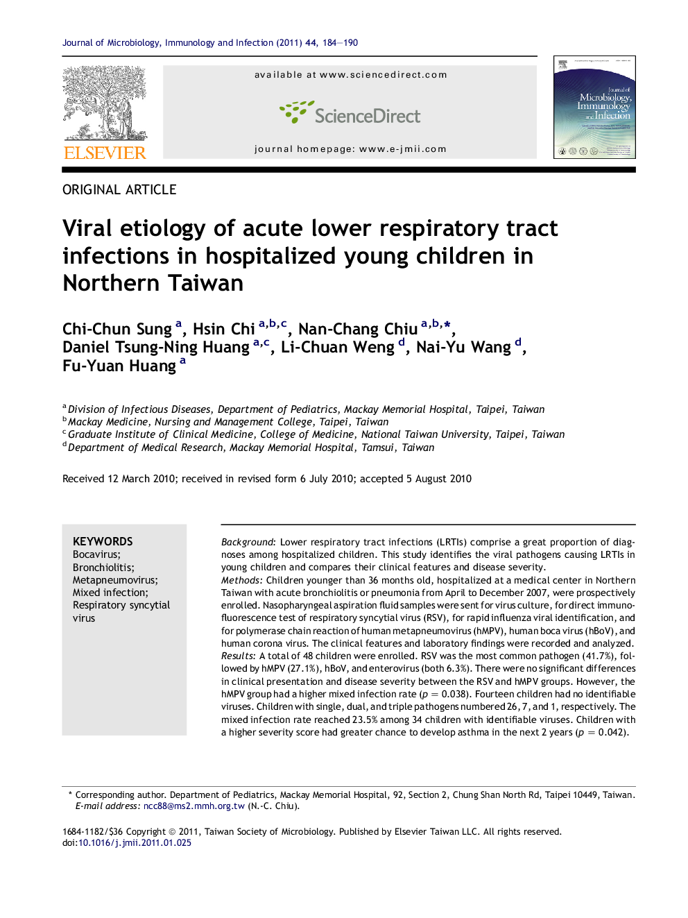 Viral etiology of acute lower respiratory tract infections in hospitalized young children in Northern Taiwan