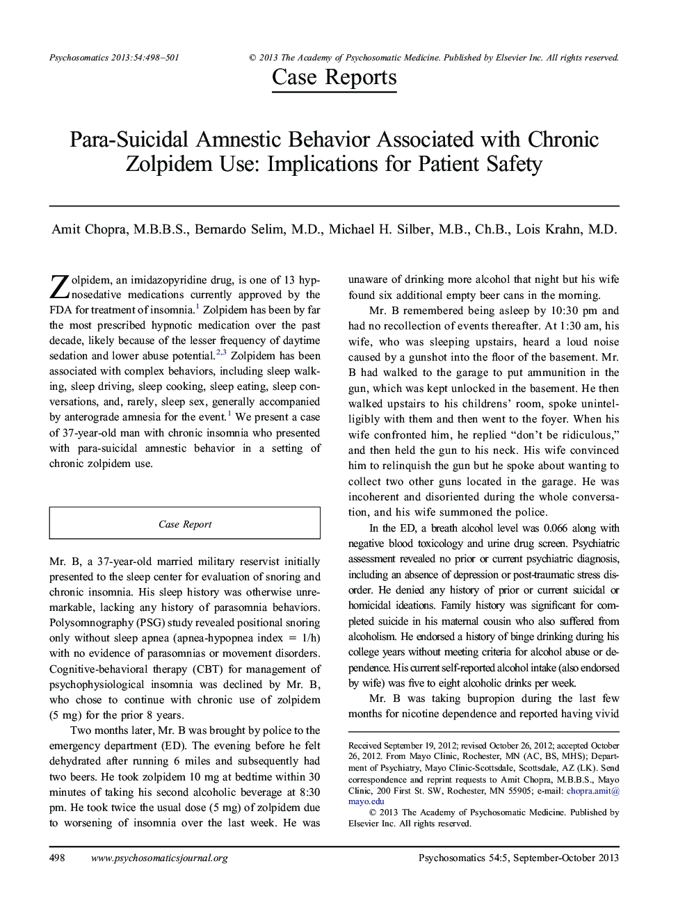 Para-Suicidal Amnestic Behavior Associated with Chronic Zolpidem Use: Implications for Patient Safety