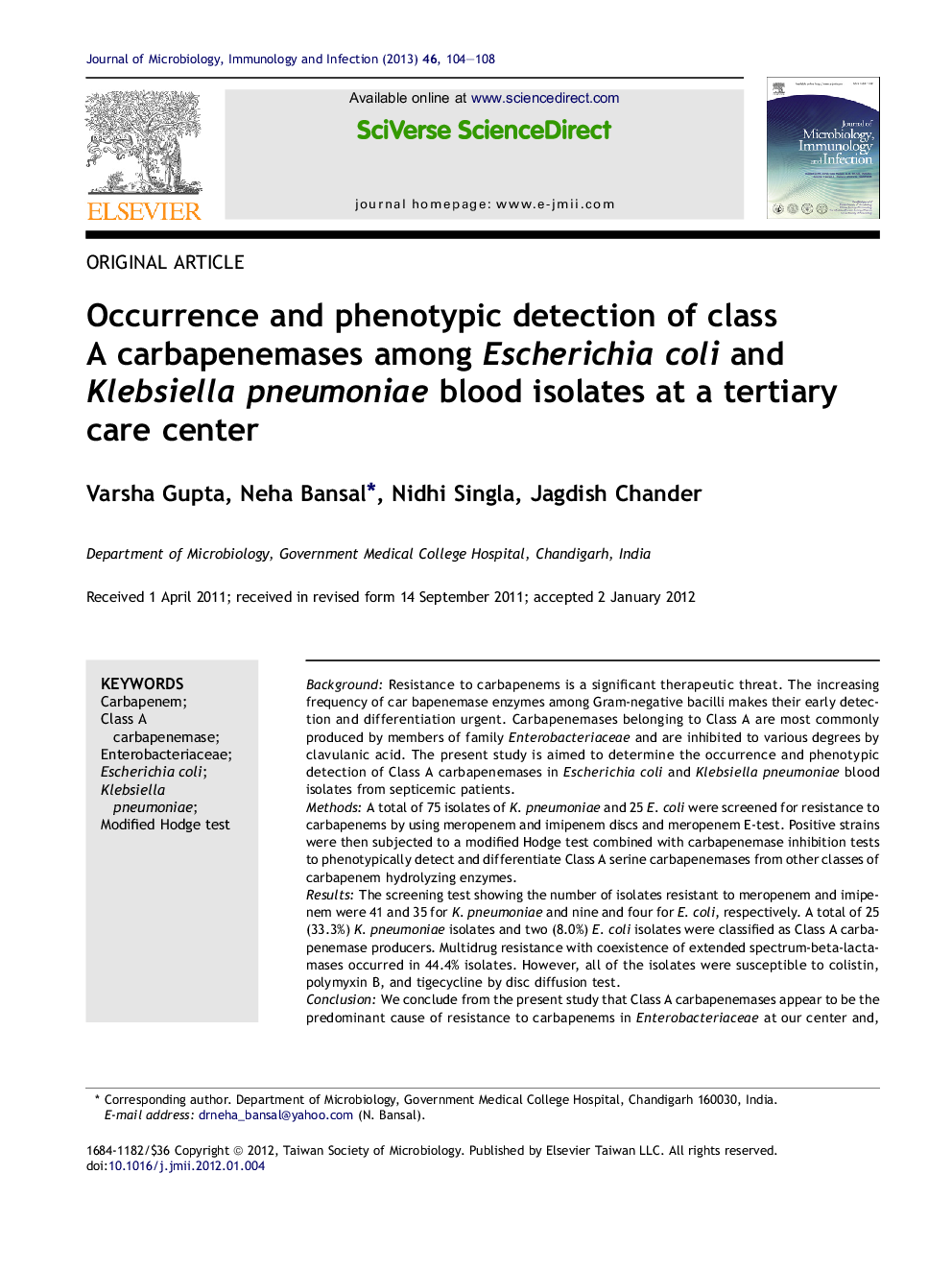 Occurrence and phenotypic detection of class A carbapenemases among Escherichia coli and Klebsiella pneumoniae blood isolates at a tertiary care center