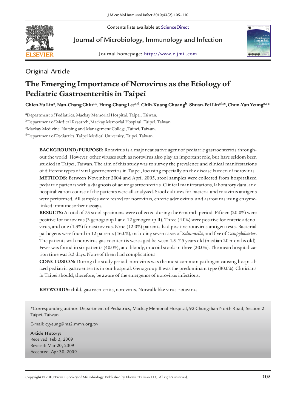 عکس صفحه اول مقاله: The Emerging Importance of Norovirus as the Etiology of Pediatric Gastroenteritis in Taipei The Emerging Importance of Norovirus as the Etiology of Pediatric Gastroenteritis in Taipei