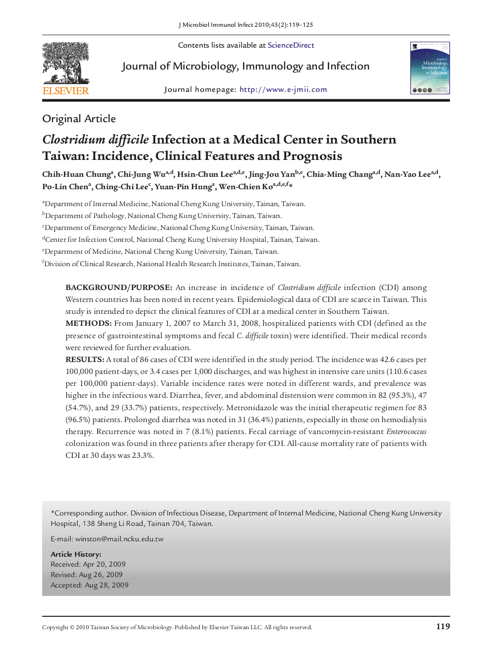 Clostridium difficile Infection at a Medical Center in Southern Taiwan: Incidence, Clinical Features and Prognosis