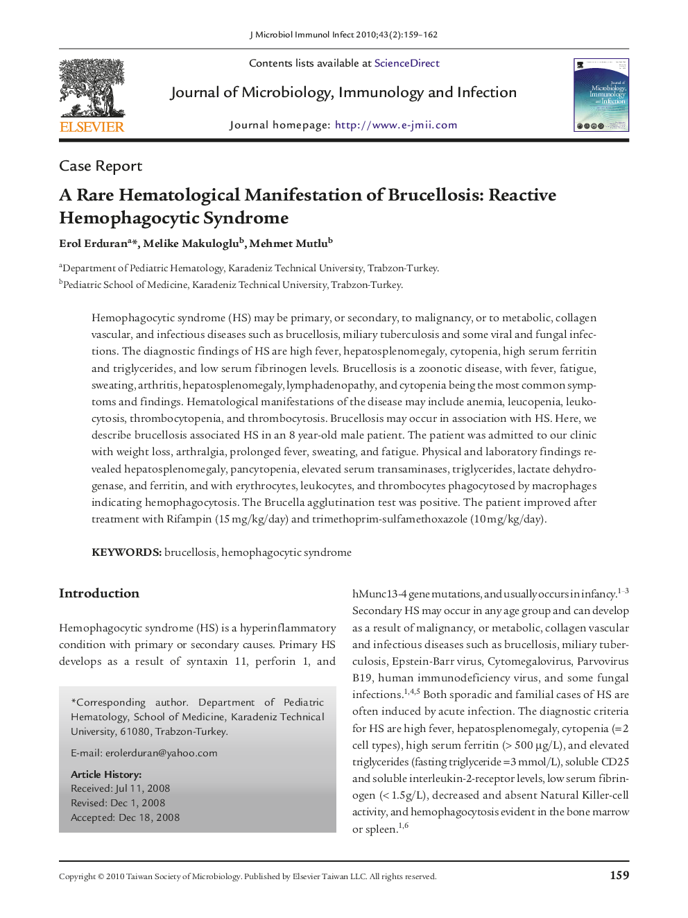 A Rare Hematological Manifestation of Brucellosis: Reactive Hemophagocytic Syndrome