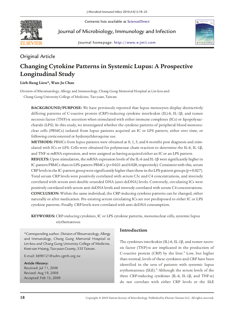 Changing Cytokine Patterns in Systemic Lupus: A Prospective Longitudinal Study