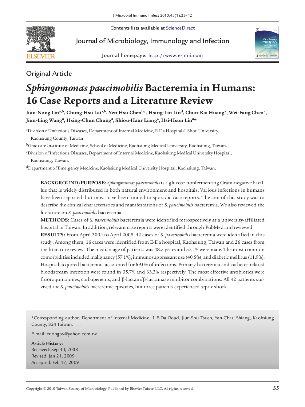 Sphingomonas paucimobilis Bacteremia in Humans: 16 Case Reports and a Literature Review