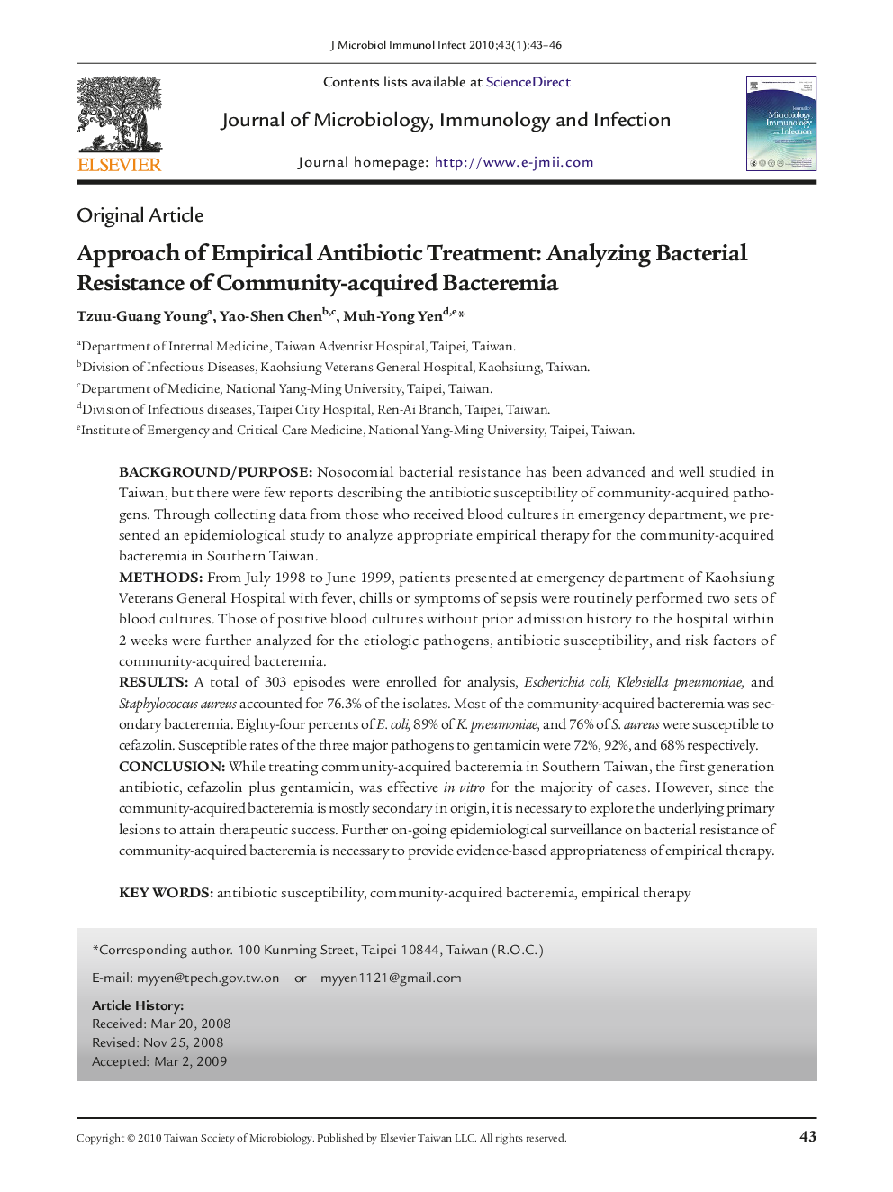 Approach of Empirical Antibiotic Treatment: Analyzing Bacterial Resistance of Community-acquired Bacteremia