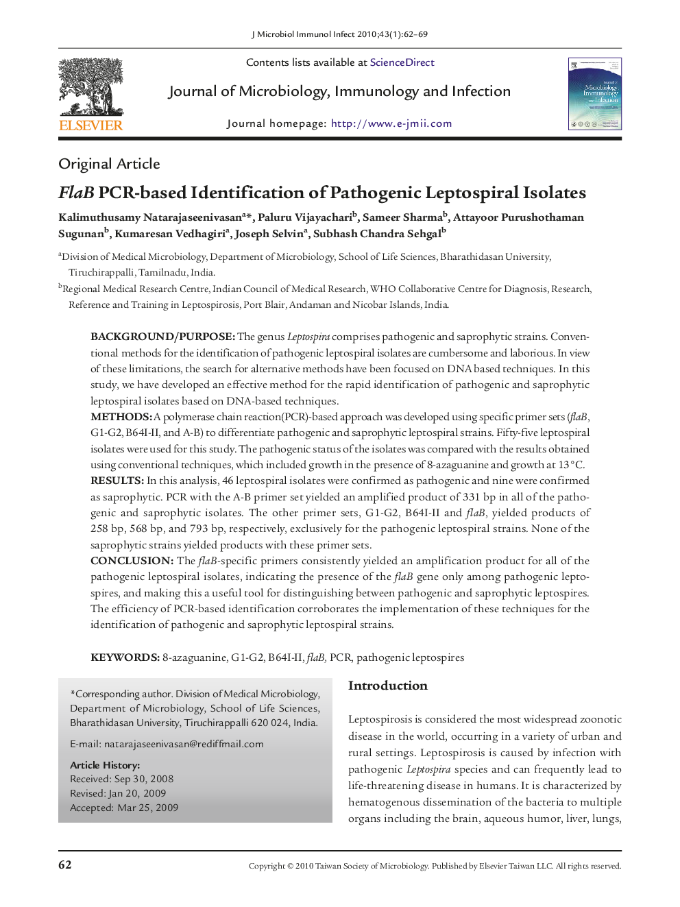 FlaB PCR-based Identification of Pathogenic Leptospiral Isolates