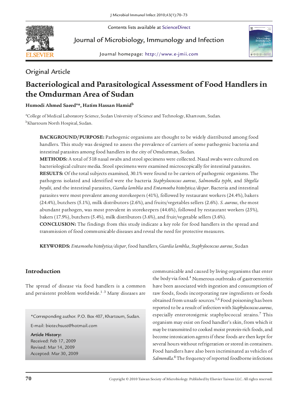 Bacteriological and Parasitological Assessment of Food Handlers in the Omdurman Area of Sudan