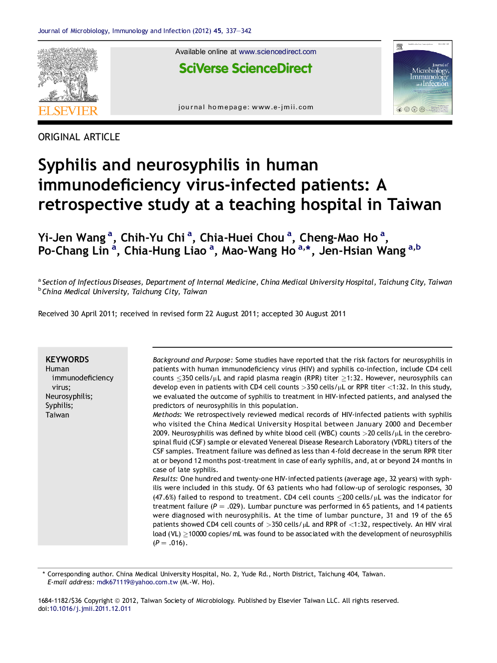 Syphilis and neurosyphilis in human immunodeficiency virus-infected patients: A retrospective study at a teaching hospital in Taiwan