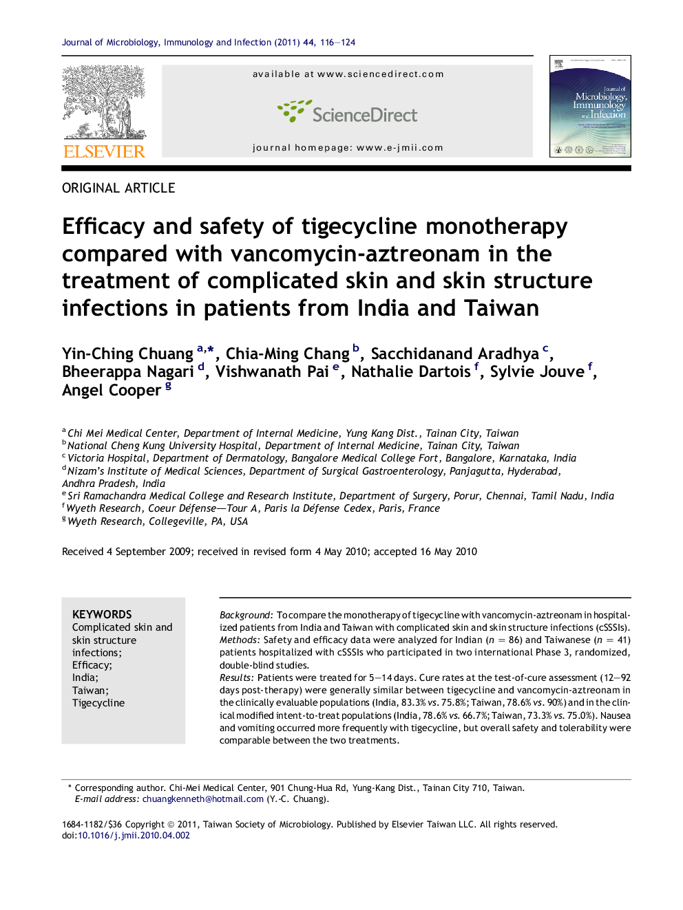 Efficacy and safety of tigecycline monotherapy compared with vancomycin-aztreonam in the treatment of complicated skin and skin structure infections in patients from India and Taiwan