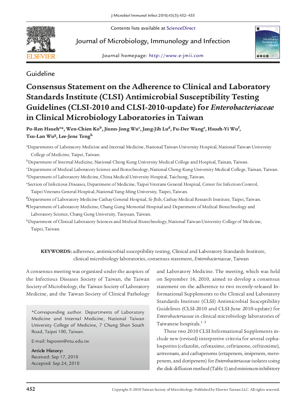 Consensus Statement on the Adherence to Clinical and Laboratory Standards Institute (CLSI) Antimicrobial Susceptibility Testing Guidelines (CLSI-2010 and CLSI-2010-update) for Enterobacteriaceae in Clinical Microbiology Laboratories in Taiwan