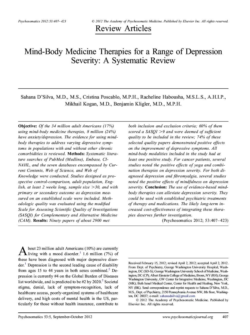Mind-Body Medicine Therapies for a Range of Depression Severity: A Systematic Review