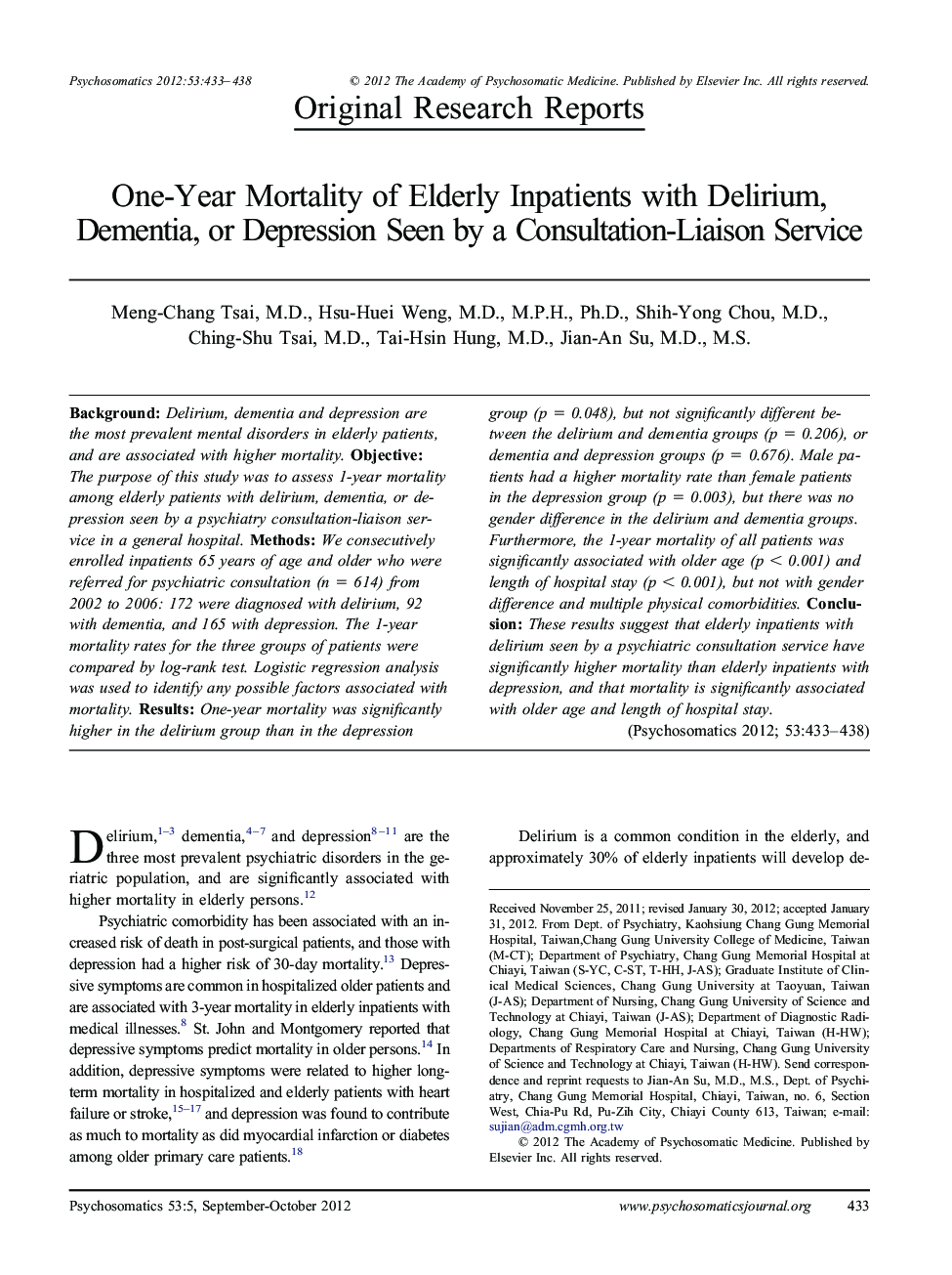 One-Year Mortality of Elderly Inpatients with Delirium, Dementia, or Depression Seen by a Consultation-Liaison Service