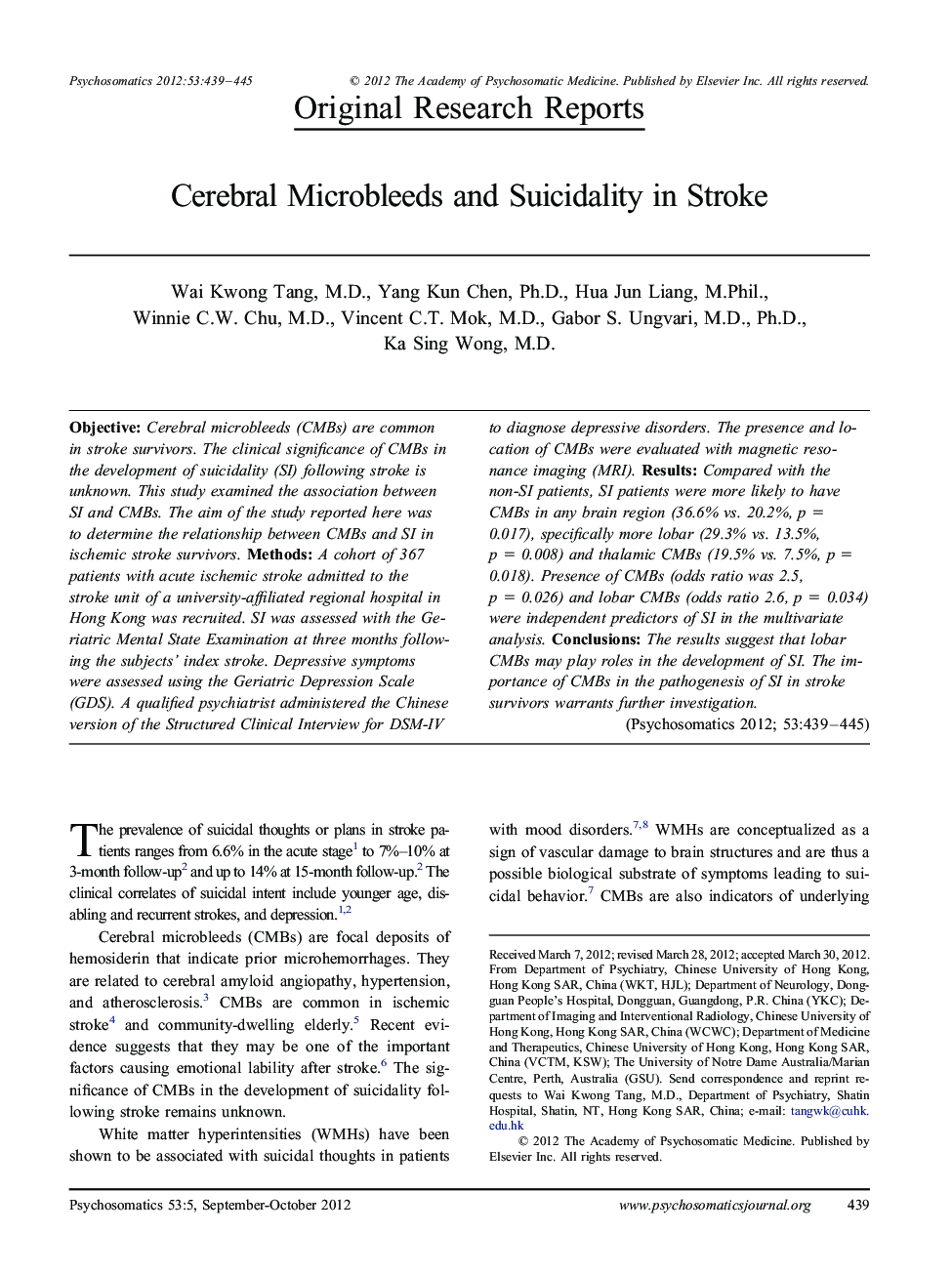 Cerebral Microbleeds and Suicidality in Stroke