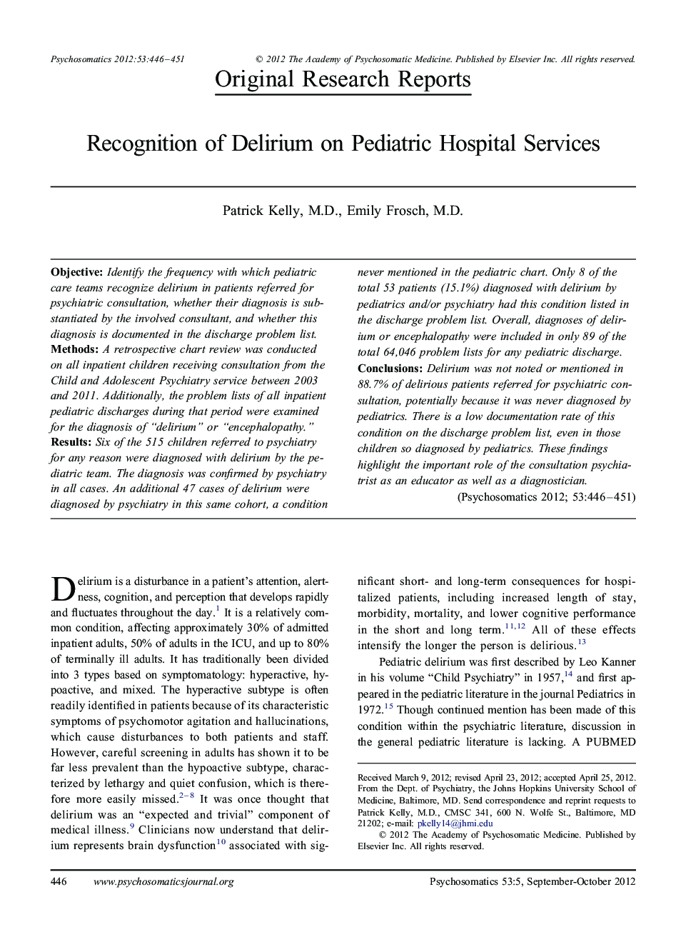 Recognition of Delirium on Pediatric Hospital Services