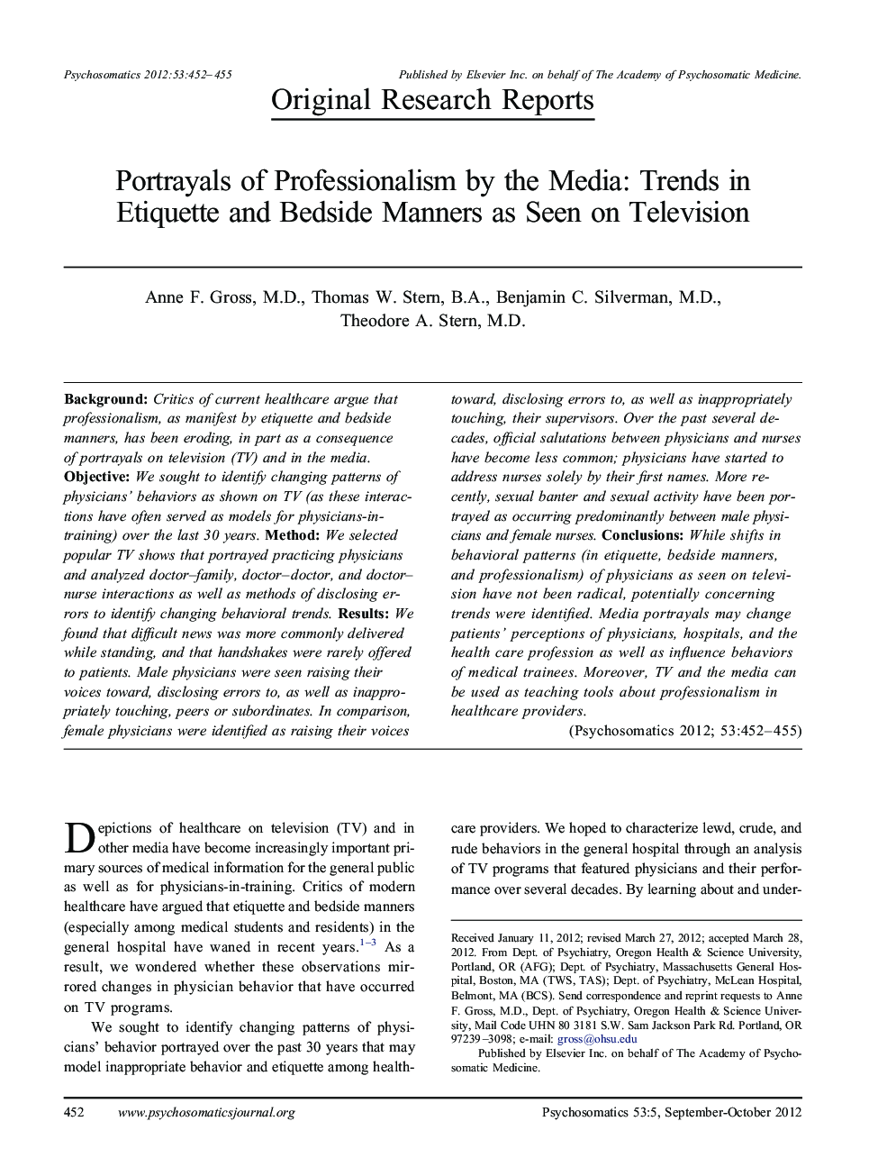 Portrayals of Professionalism by the Media: Trends in Etiquette and Bedside Manners as Seen on Television