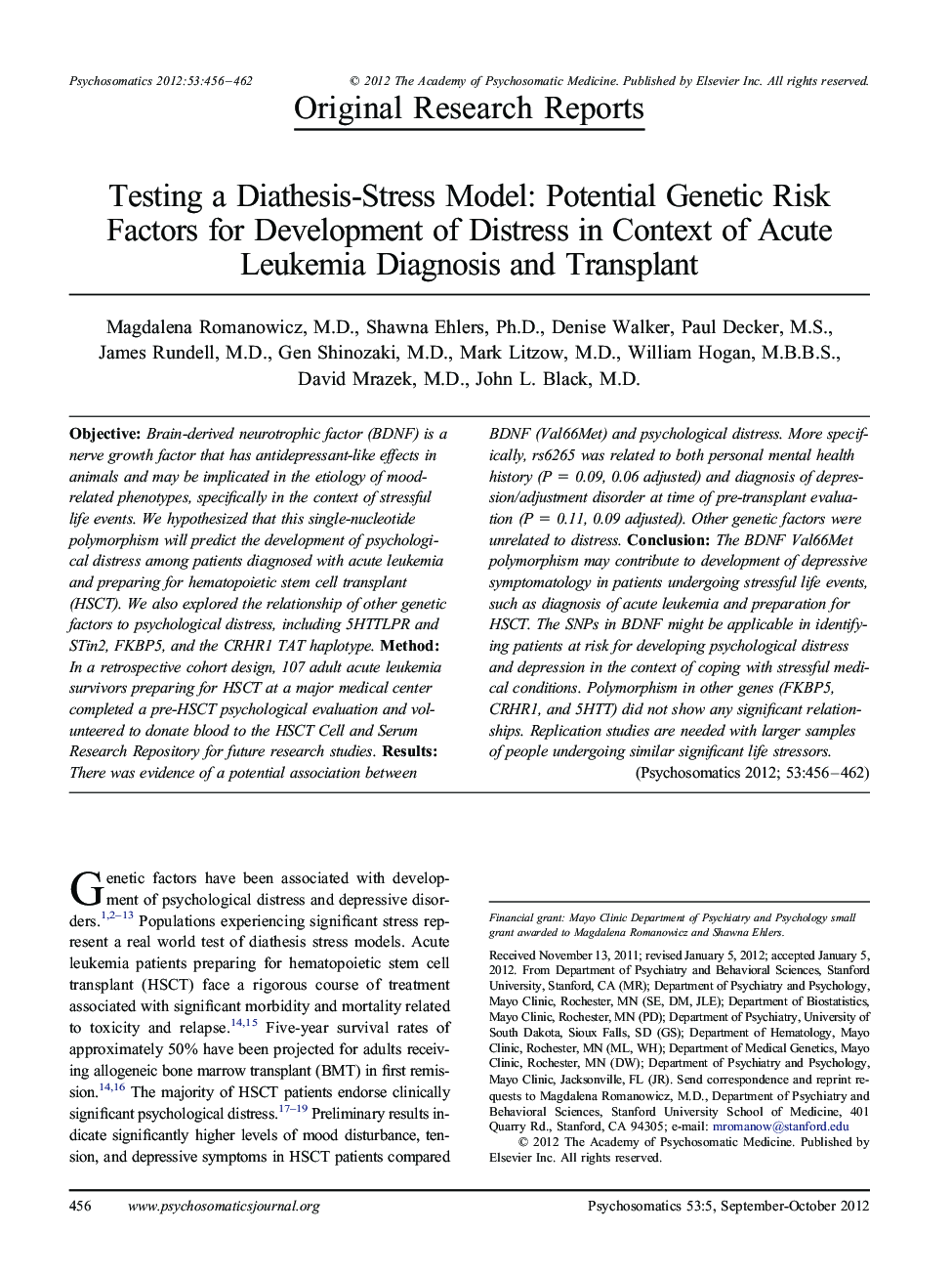 Testing a Diathesis-Stress Model: Potential Genetic Risk Factors for Development of Distress in Context of Acute Leukemia Diagnosis and Transplant 