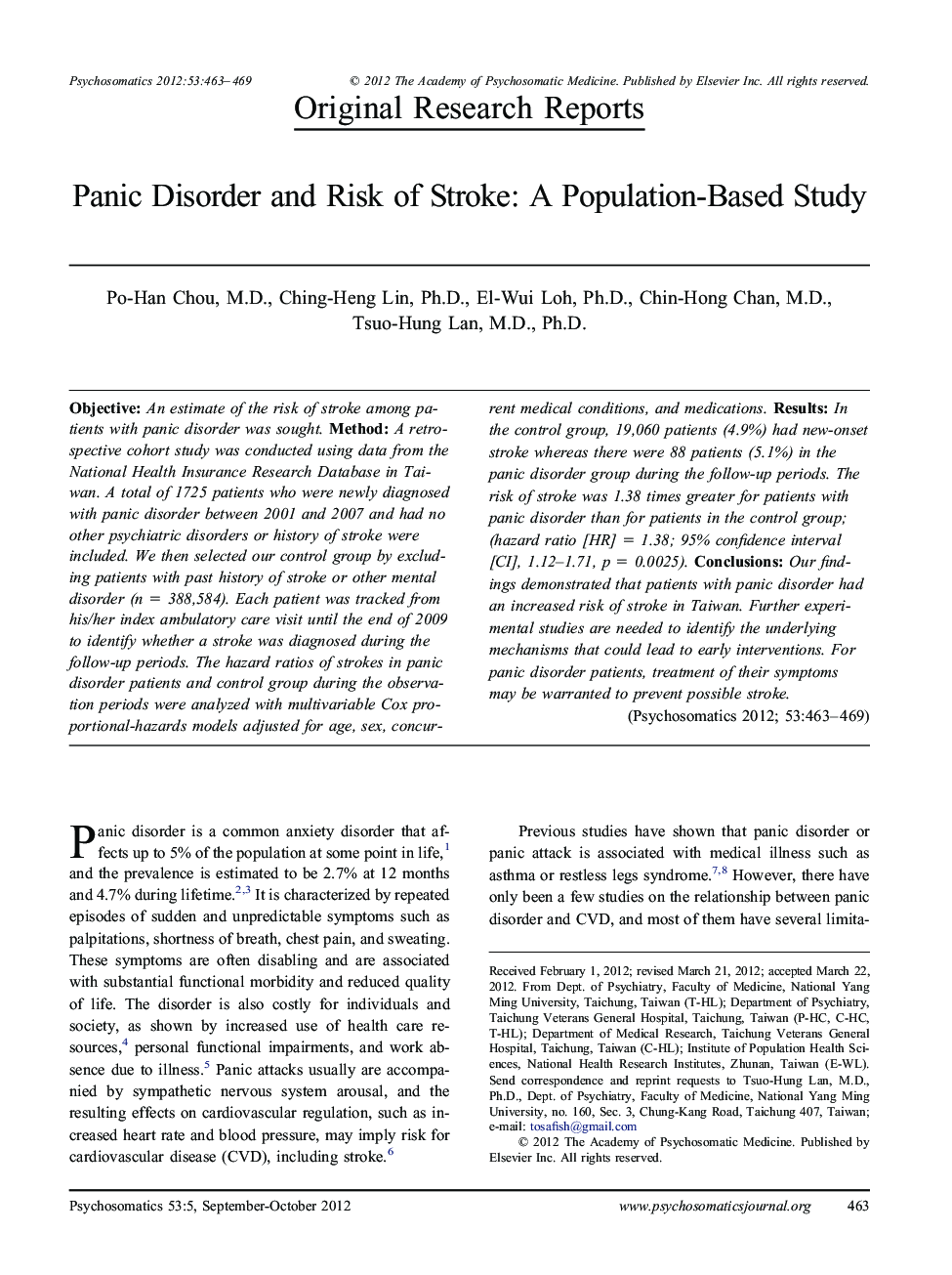 Panic Disorder and Risk of Stroke: A Population-Based Study